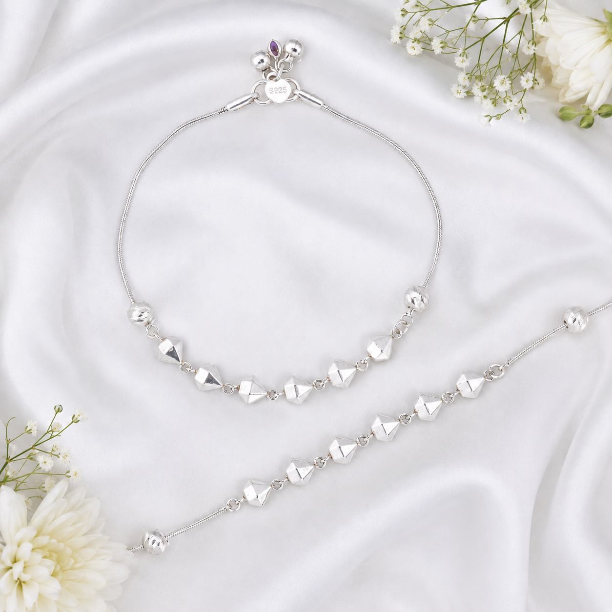 Beaded Geometric Anklet – 925 Sterling Silver – OYA by Gemkara view 3