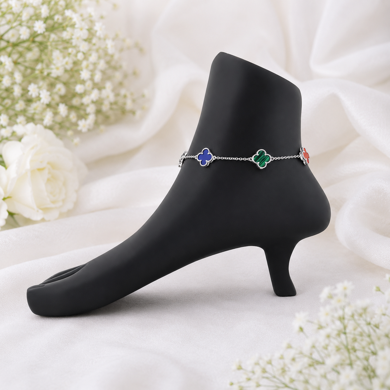 Multicolor Clover Silver Anklet – OYA by Gemkara view 2