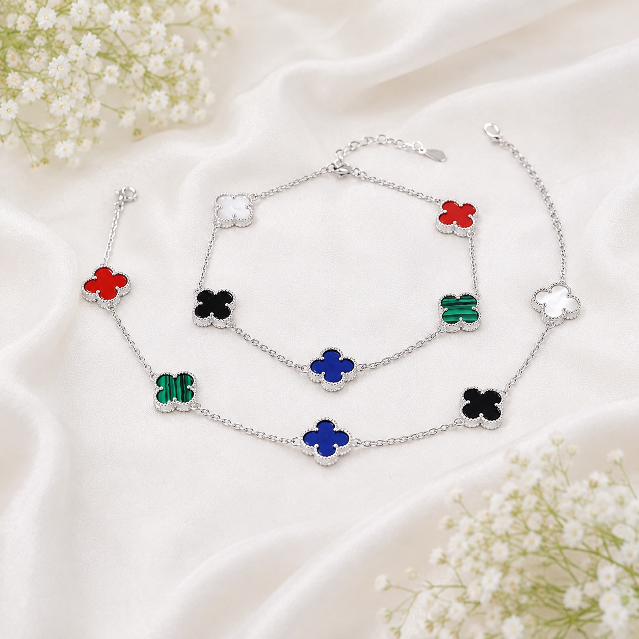 Multicolor Clover Silver Anklet – OYA by Gemkara view 3