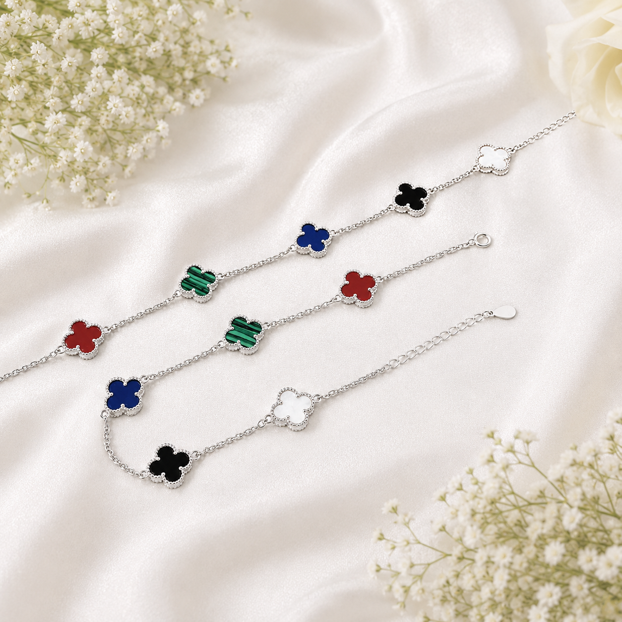 Multicolor Clover Silver Anklet – OYA by Gemkara view 4