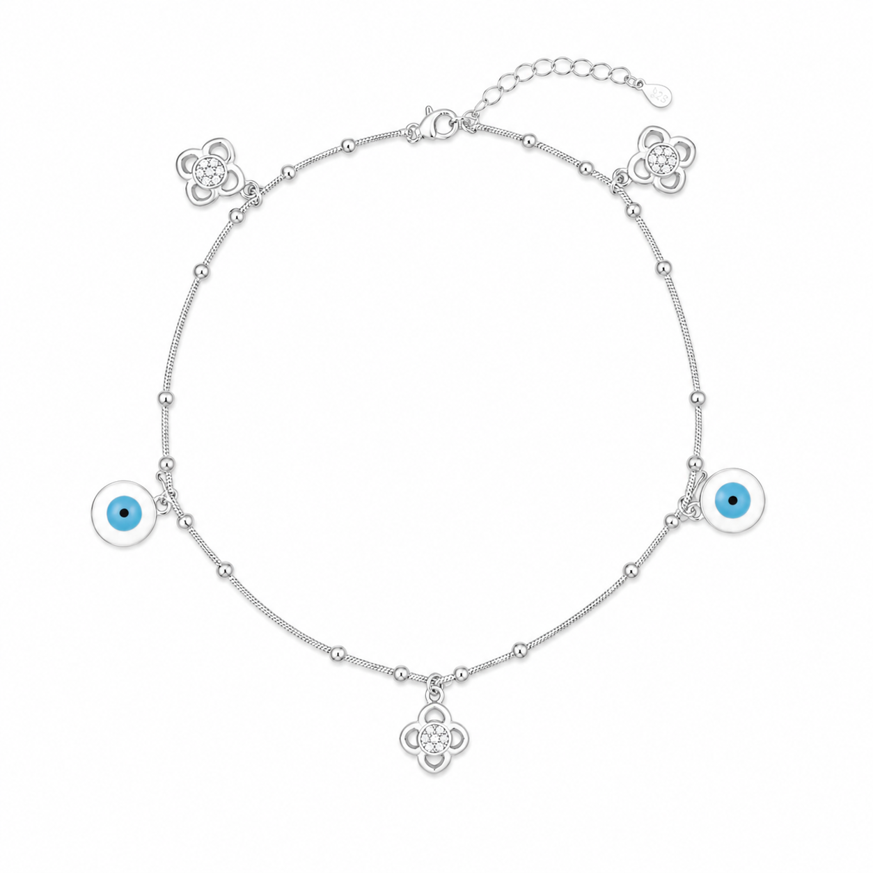 Evil Eye Floral Anklet – 925 Sterling Silver – OYA by Gemkara view 1