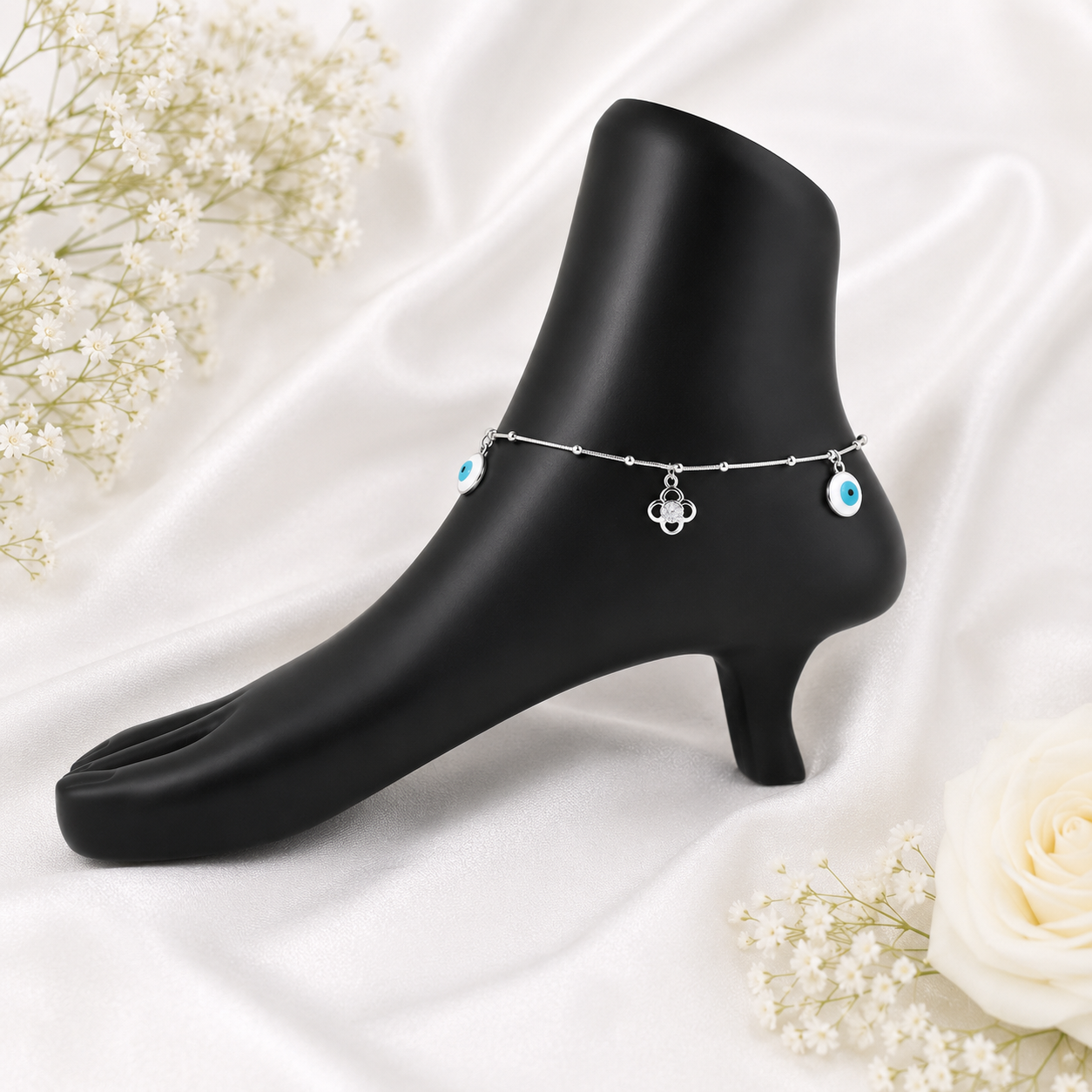 Evil Eye Floral Anklet – 925 Sterling Silver – OYA by Gemkara view 2