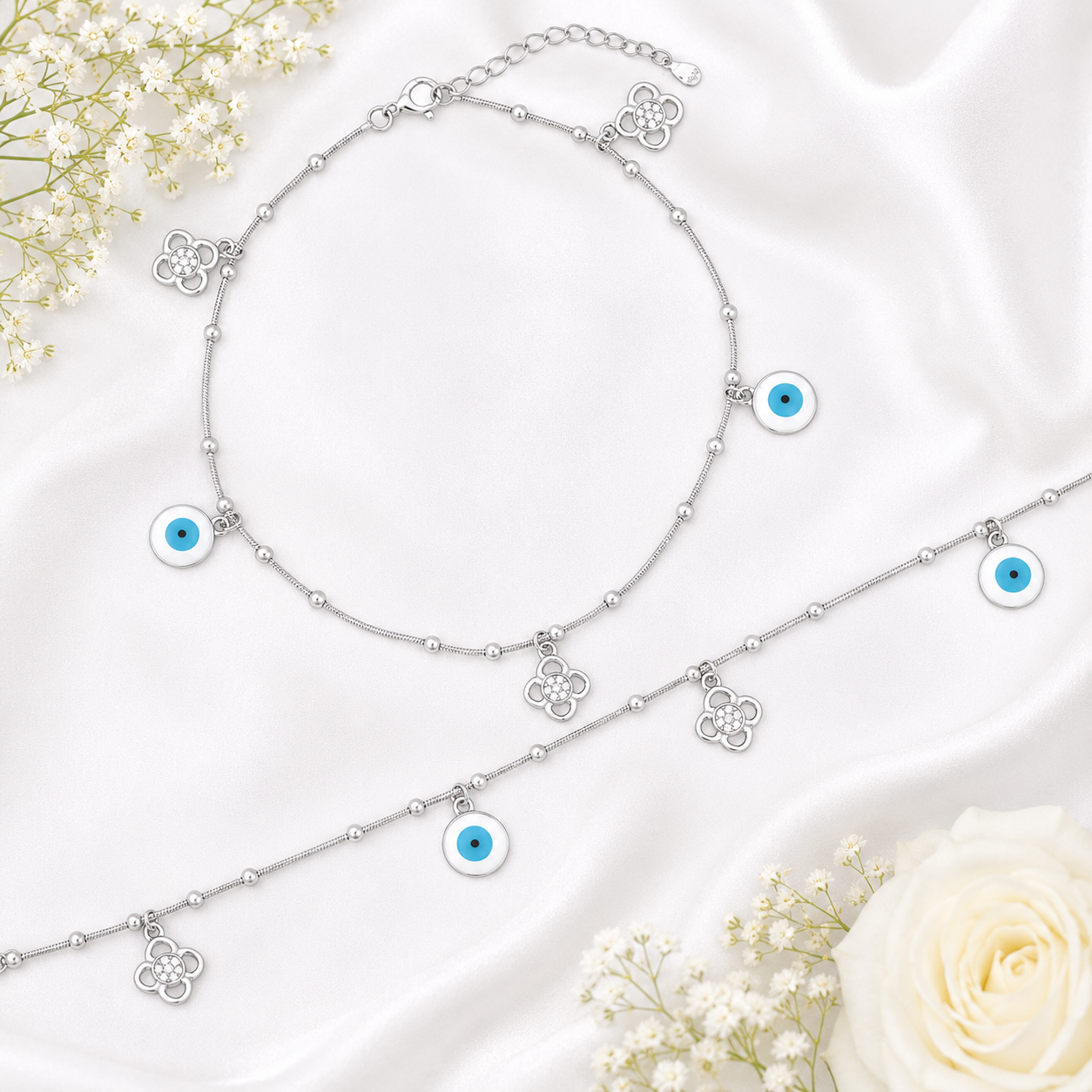 Evil Eye Floral Anklet – 925 Sterling Silver – OYA by Gemkara view 3
