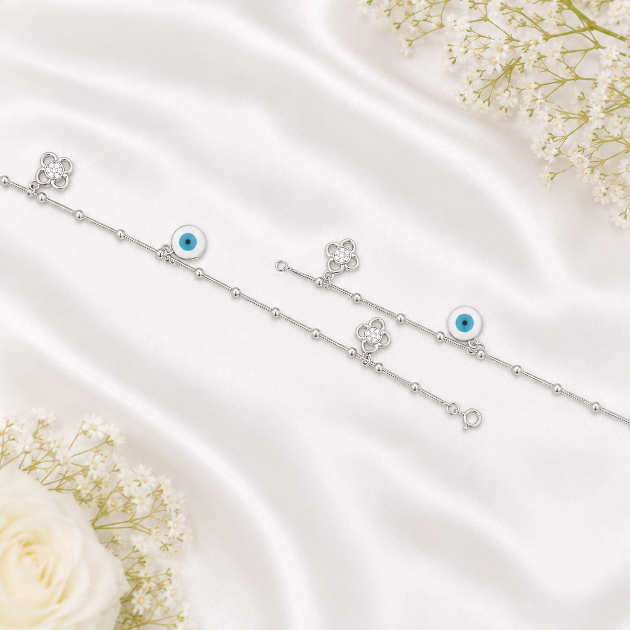 Evil Eye Floral Anklet – 925 Sterling Silver – OYA by Gemkara view 4