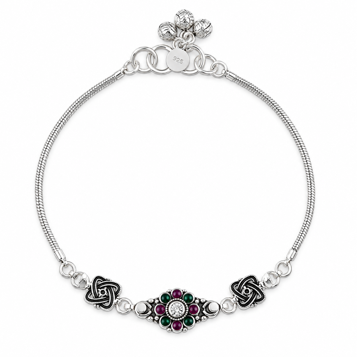Oxidized Floral Charm Anklet – 925 Sterling Silver – OYA by Gemkara view 1
