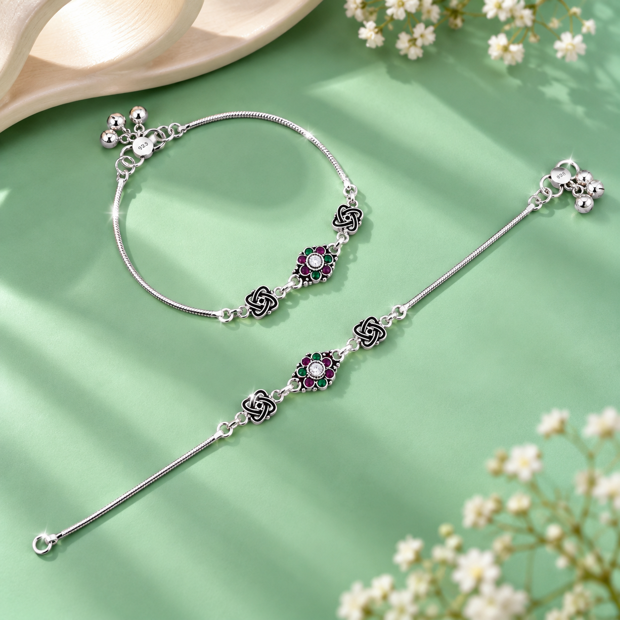Oxidized Floral Charm Anklet – 925 Sterling Silver – OYA by Gemkara view 3