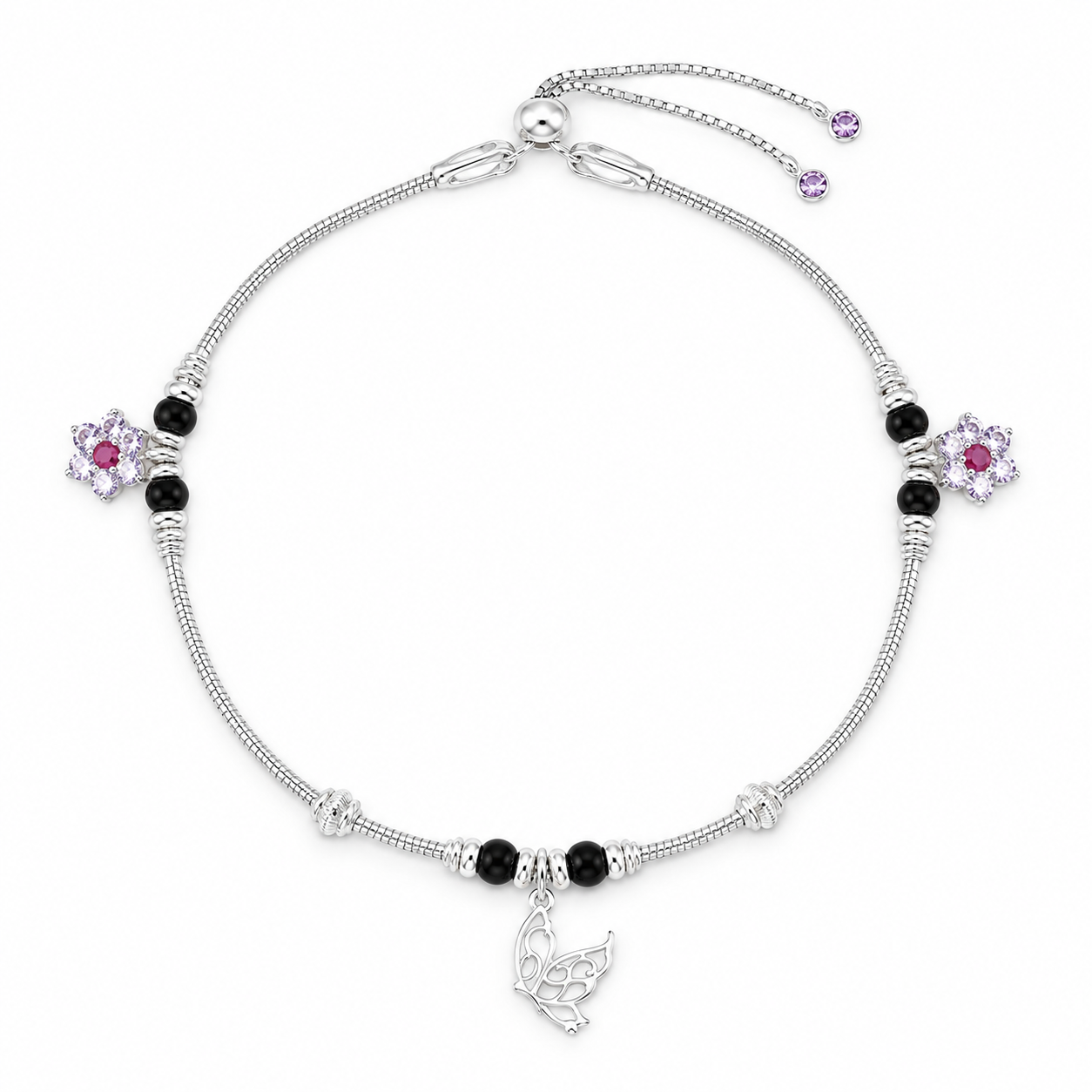 Black Floral Anklet – 925 Sterling Silver – OYA by Gemkara view 1