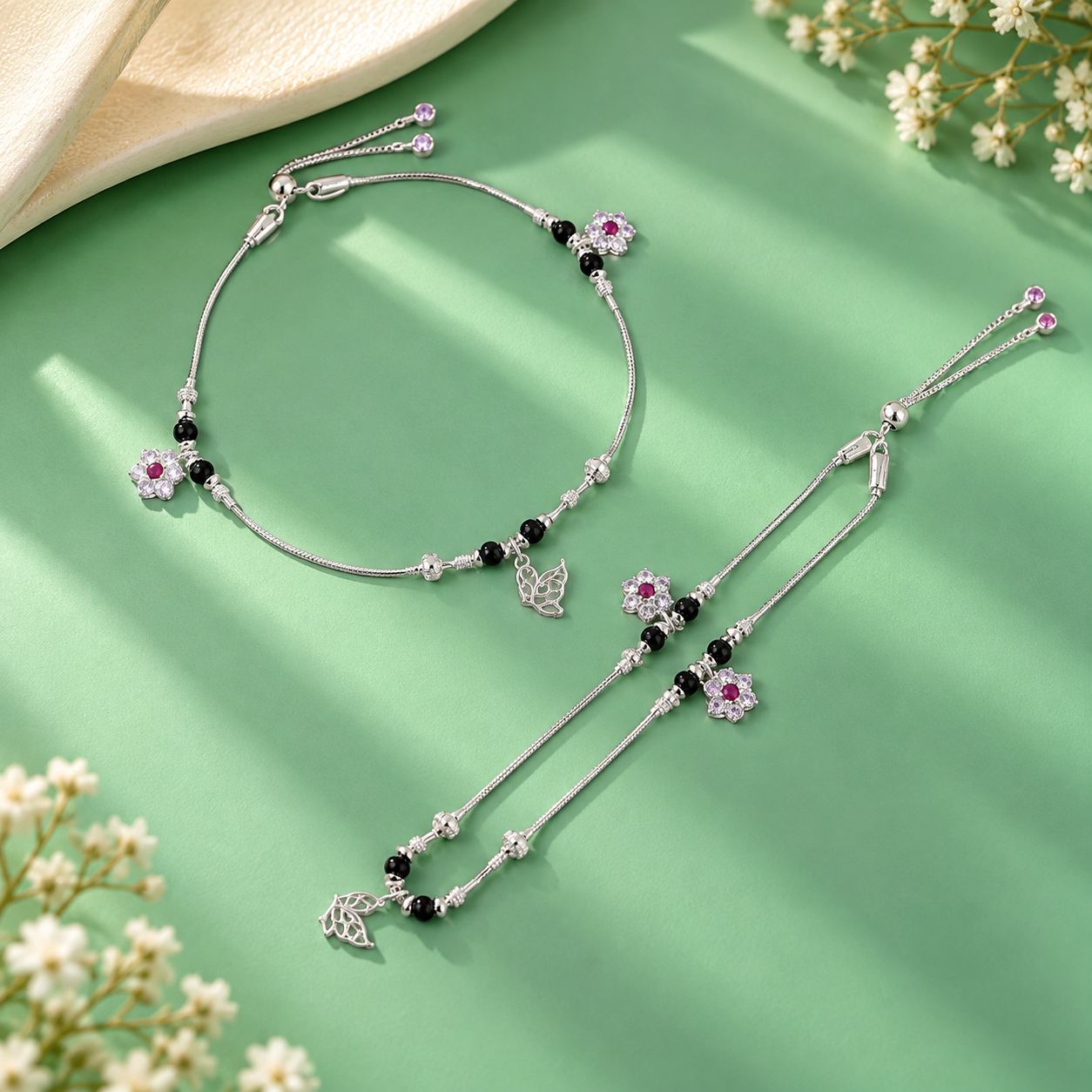 Black Floral Anklet – 925 Sterling Silver – OYA by Gemkara view 3