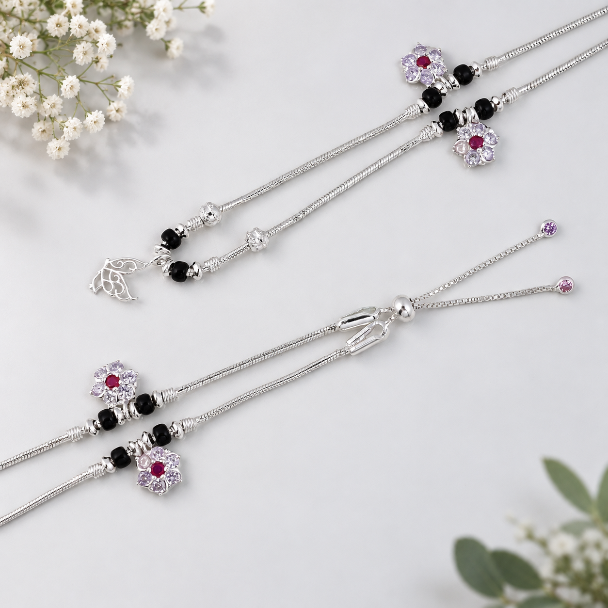 Black Floral Anklet – 925 Sterling Silver – OYA by Gemkara view 4