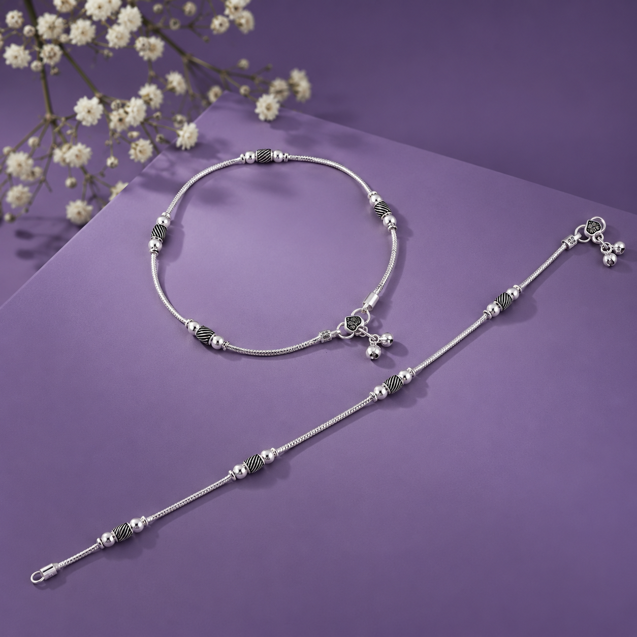 Oxidized Beaded Charm Anklet – 925 Sterling Silver – OYA by Gemkara view 3