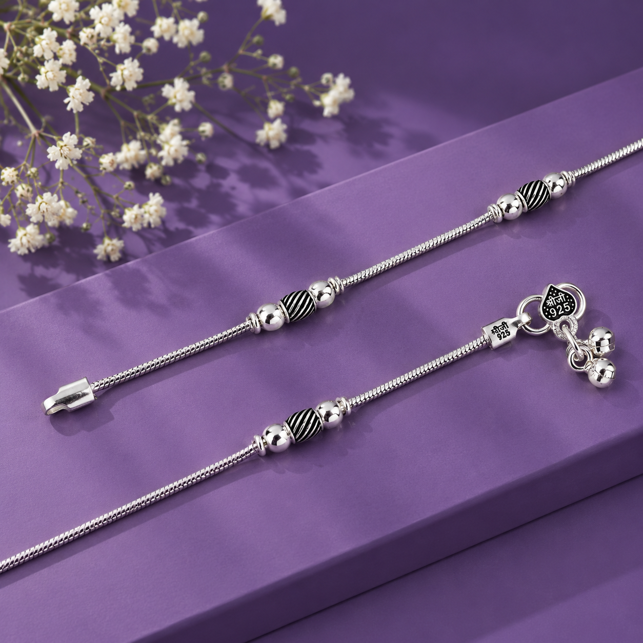 Oxidized Beaded Charm Anklet – 925 Sterling Silver – OYA by Gemkara view 4