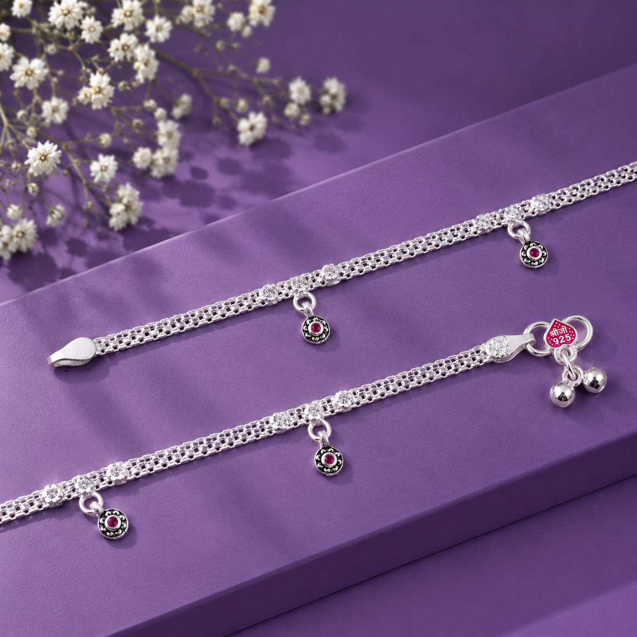 Pink Charm Anklet – 925 Sterling Silver – OYA by Gemkara view 4