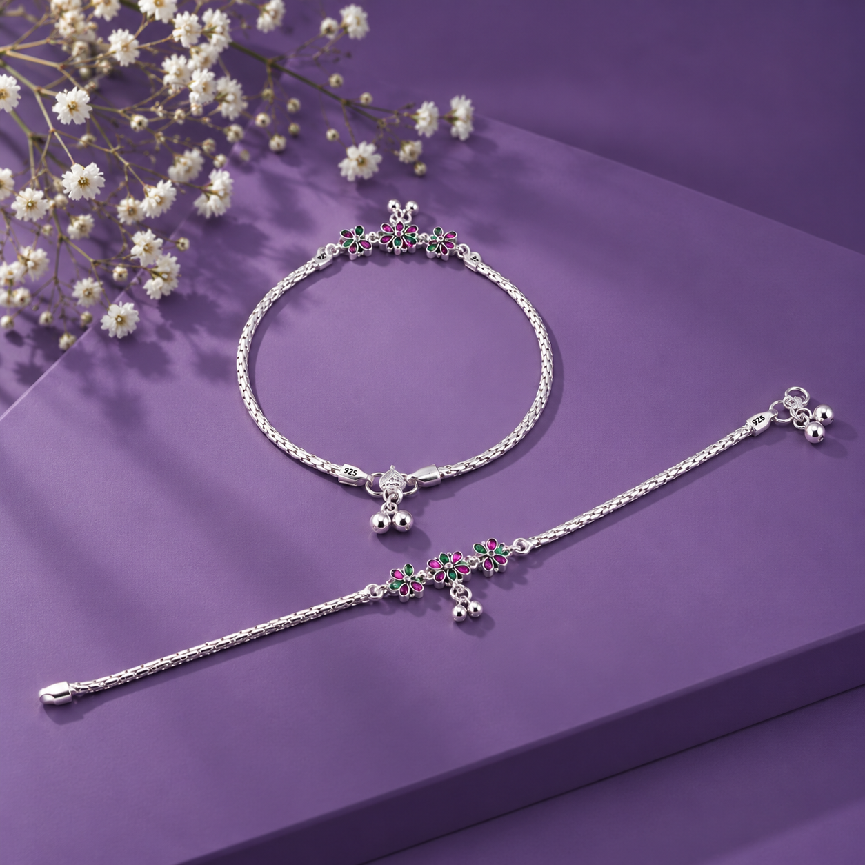 Floral Charm Anklet – 925 Sterling Silver – OYA by Gemkara view 3