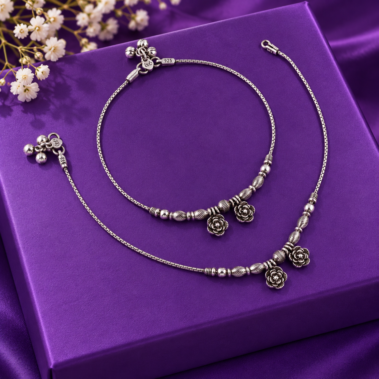 Oxidized Floral Charm Anklet – 925 Sterling Silver – OYA by Gemkara view 3