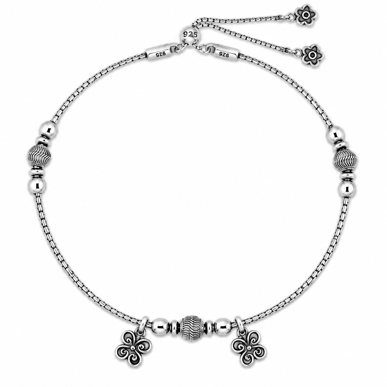 Oxidized Floral Bead Anklet – 925 Sterling Silver – OYA by Gemkara view 1