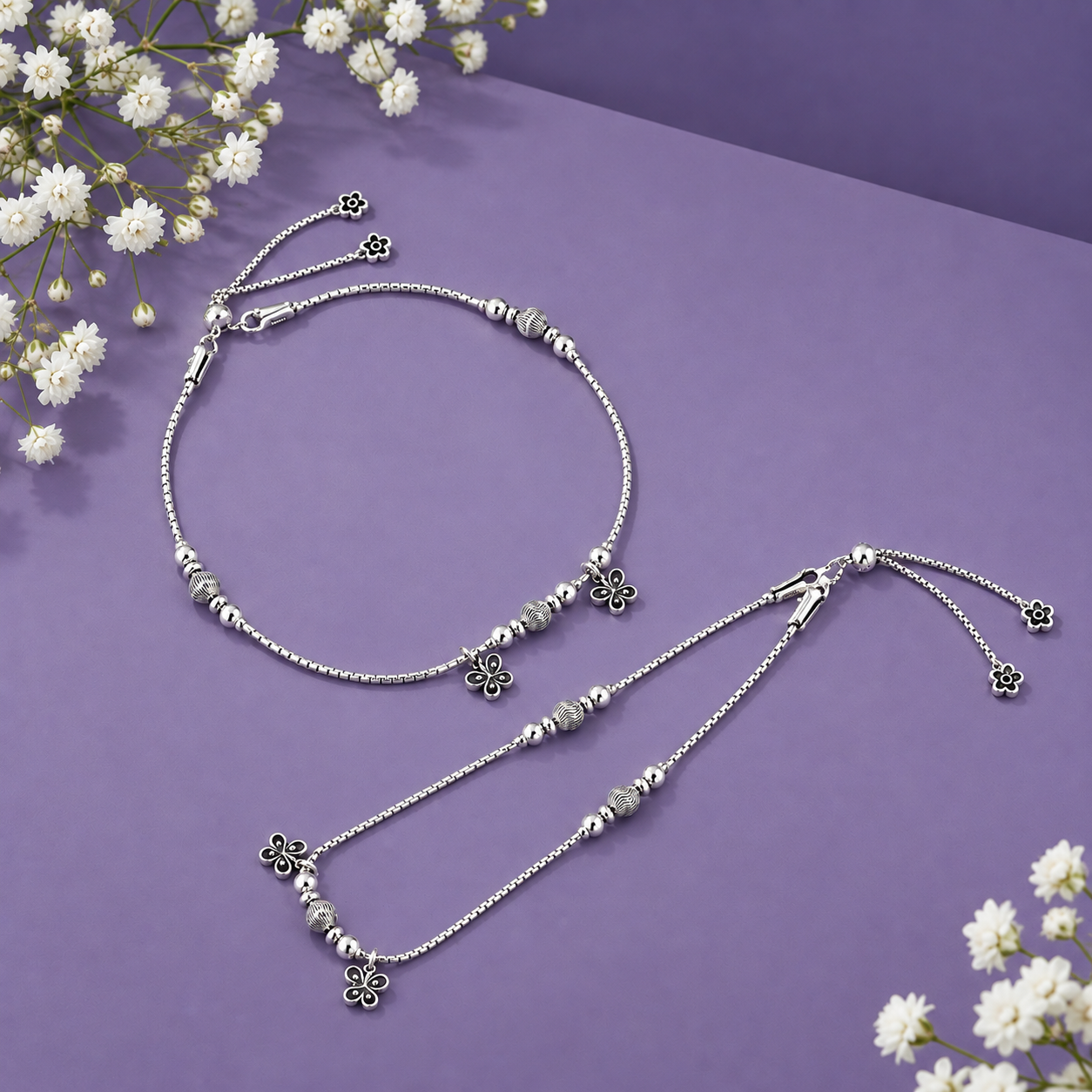 Oxidized Floral Bead Anklet – 925 Sterling Silver – OYA by Gemkara view 3