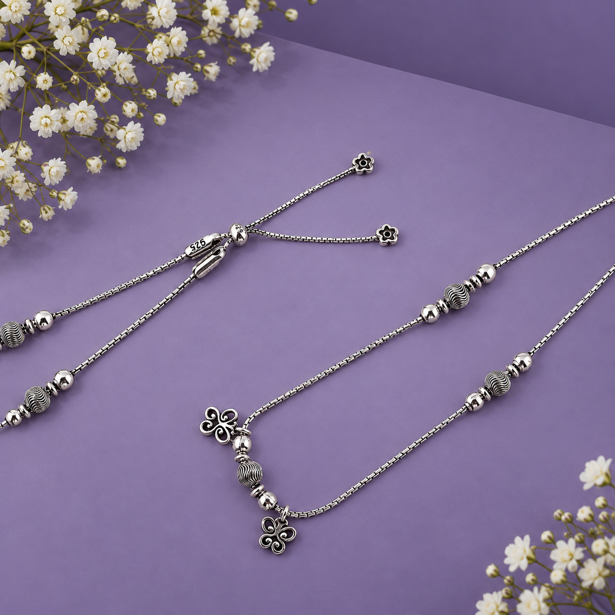 Oxidized Floral Bead Anklet – 925 Sterling Silver – OYA by Gemkara view 4