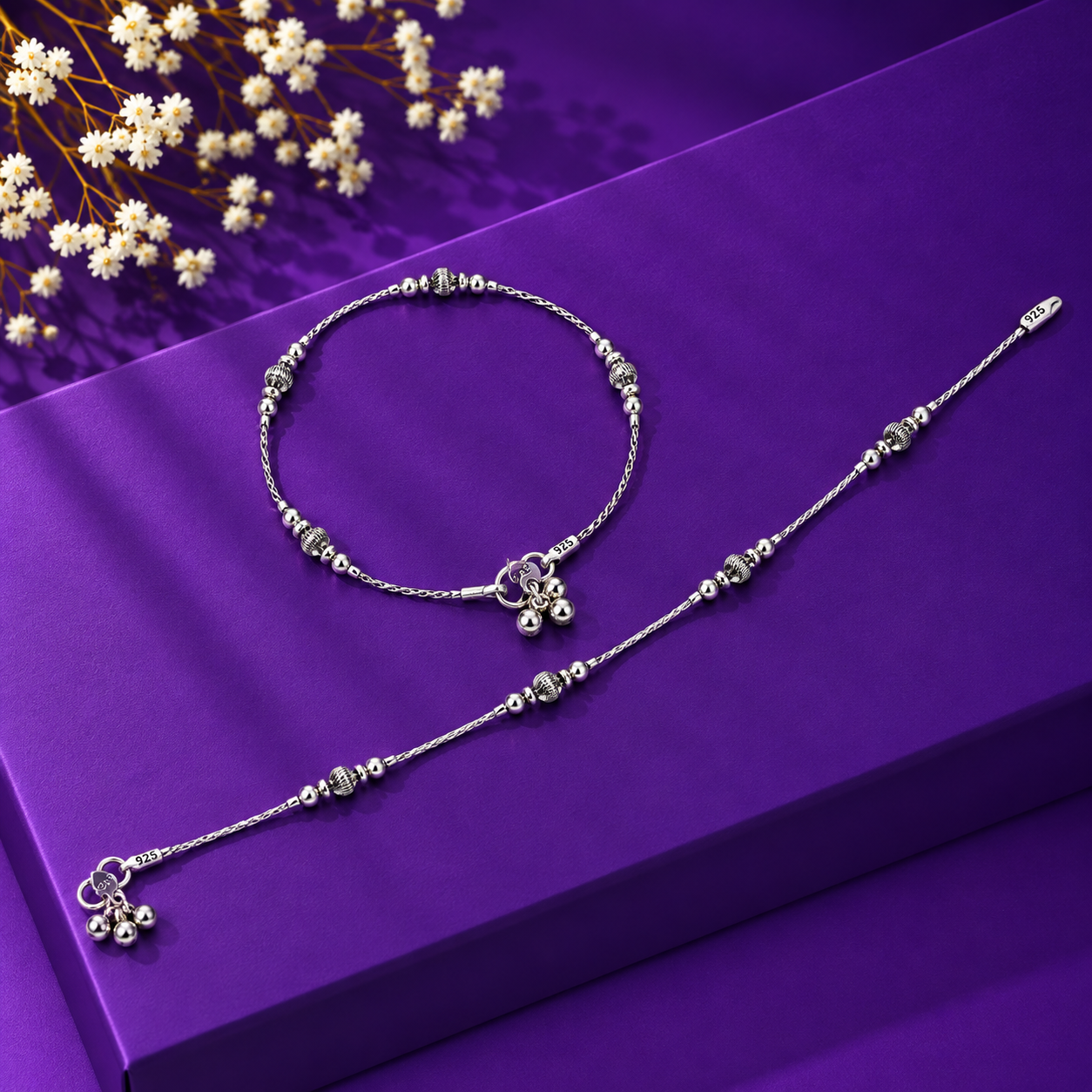 Oxidized Beaded Charm Anklet – 925 Sterling Silver – OYA by Gemkara view 3