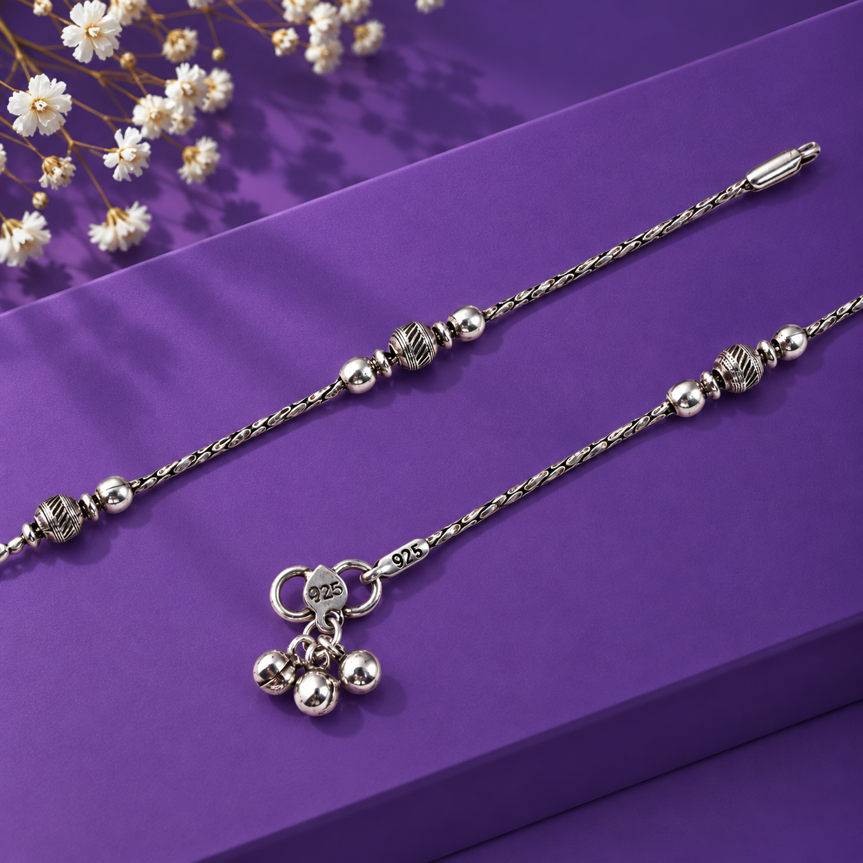 Oxidized Beaded Charm Anklet – 925 Sterling Silver – OYA by Gemkara view 4