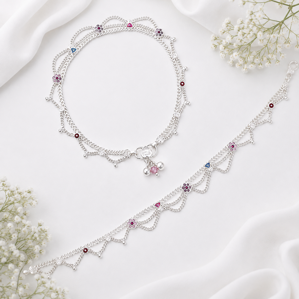 Multicolor Charm Anklet – 925 Sterling Silver – OYA by Gemkara view 3