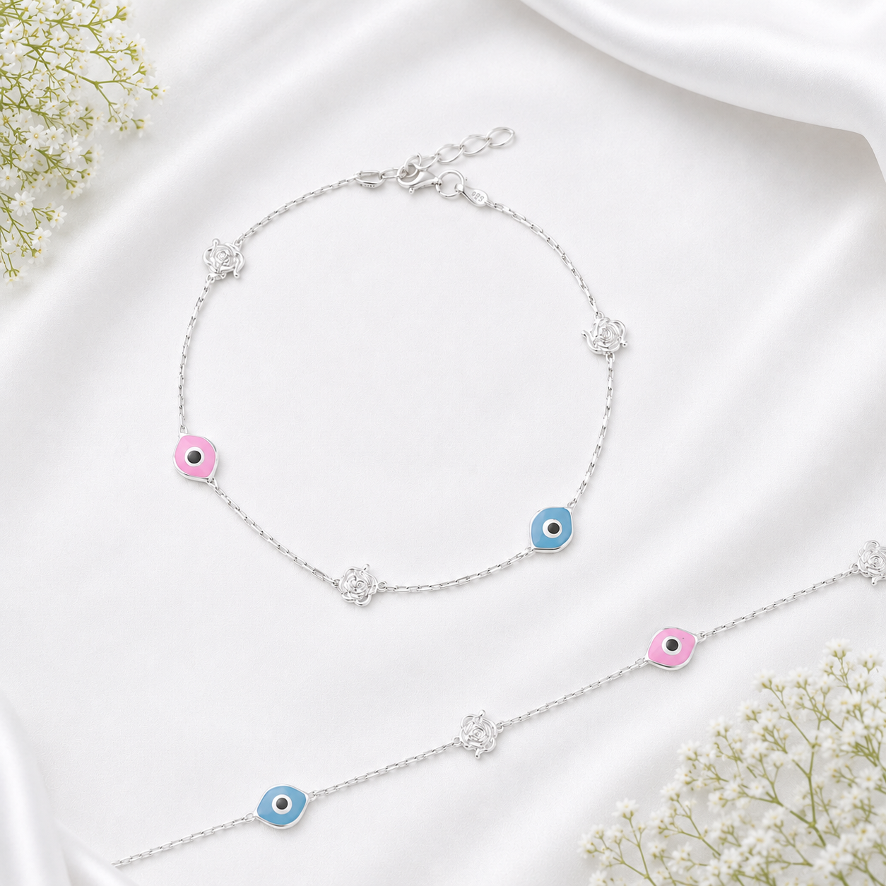 Blue Evil Eye Anklet – 925 Sterling Silver – OYA by Gemkara view 3