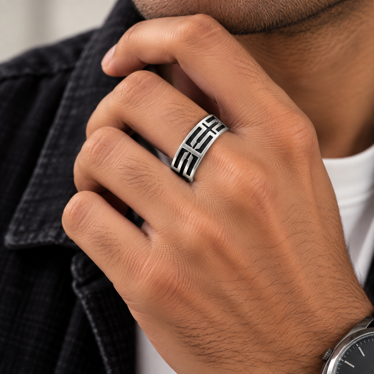 Black Enamel Geometric Ring – 925 Sterling Silver – OYA by Gemkara view 2