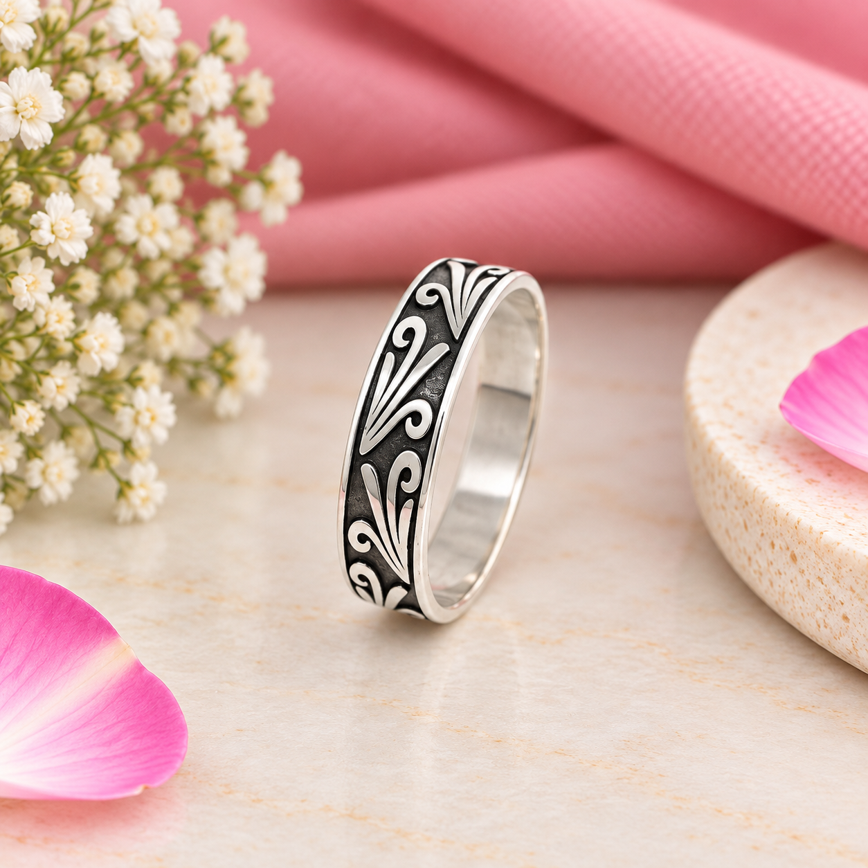 Oxidized Floral Band Ring – 925 Sterling Silver – OYA by Gemkara view 3