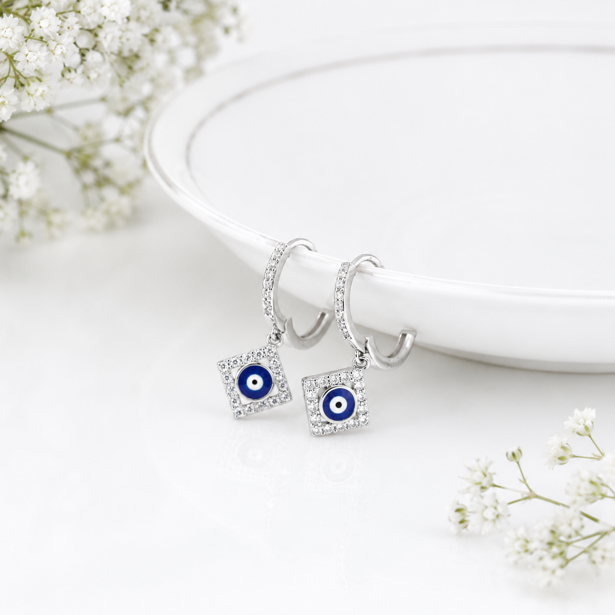 Evil Eye Square Drop Silver Bali – OYA by Gemkara view 2