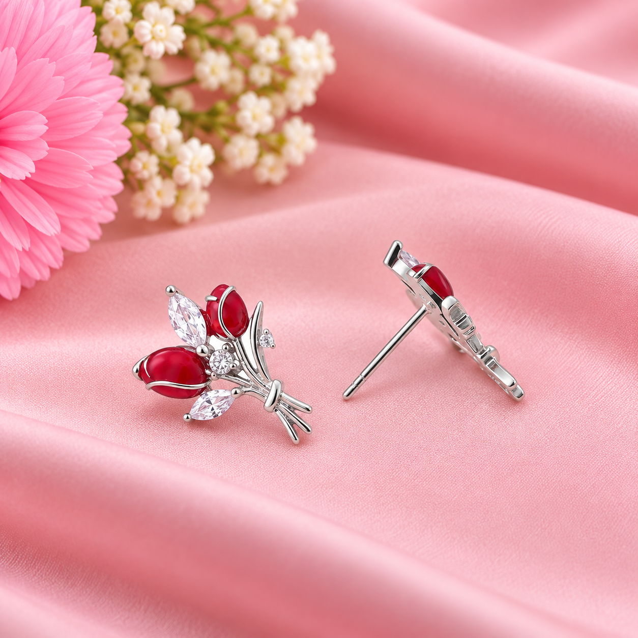 Ruby Flower Stud Earrings – 925 Sterling Silver – OYA by Gemkara view 3