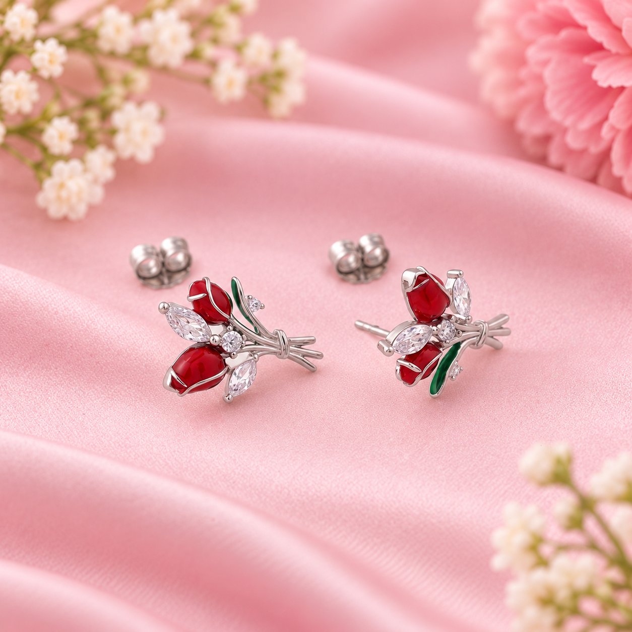 Ruby Flower Stud Earrings – 925 Sterling Silver – OYA by Gemkara view 4