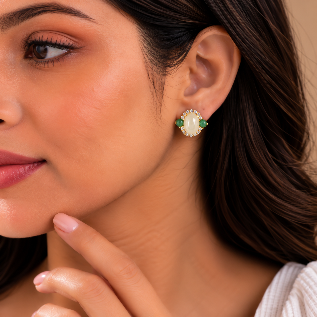 Gold Green Stone Stud Earrings preview
