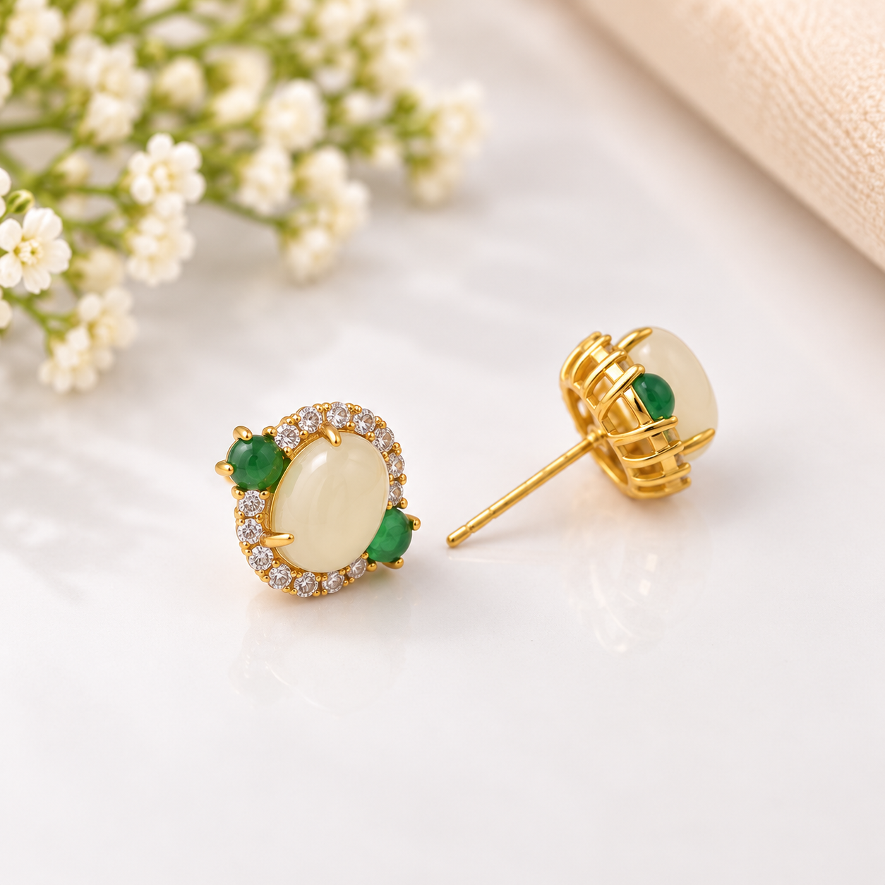 Gold Green Stone Stud Earrings – 925 Sterling Silver – OYA by Gemkara view 3