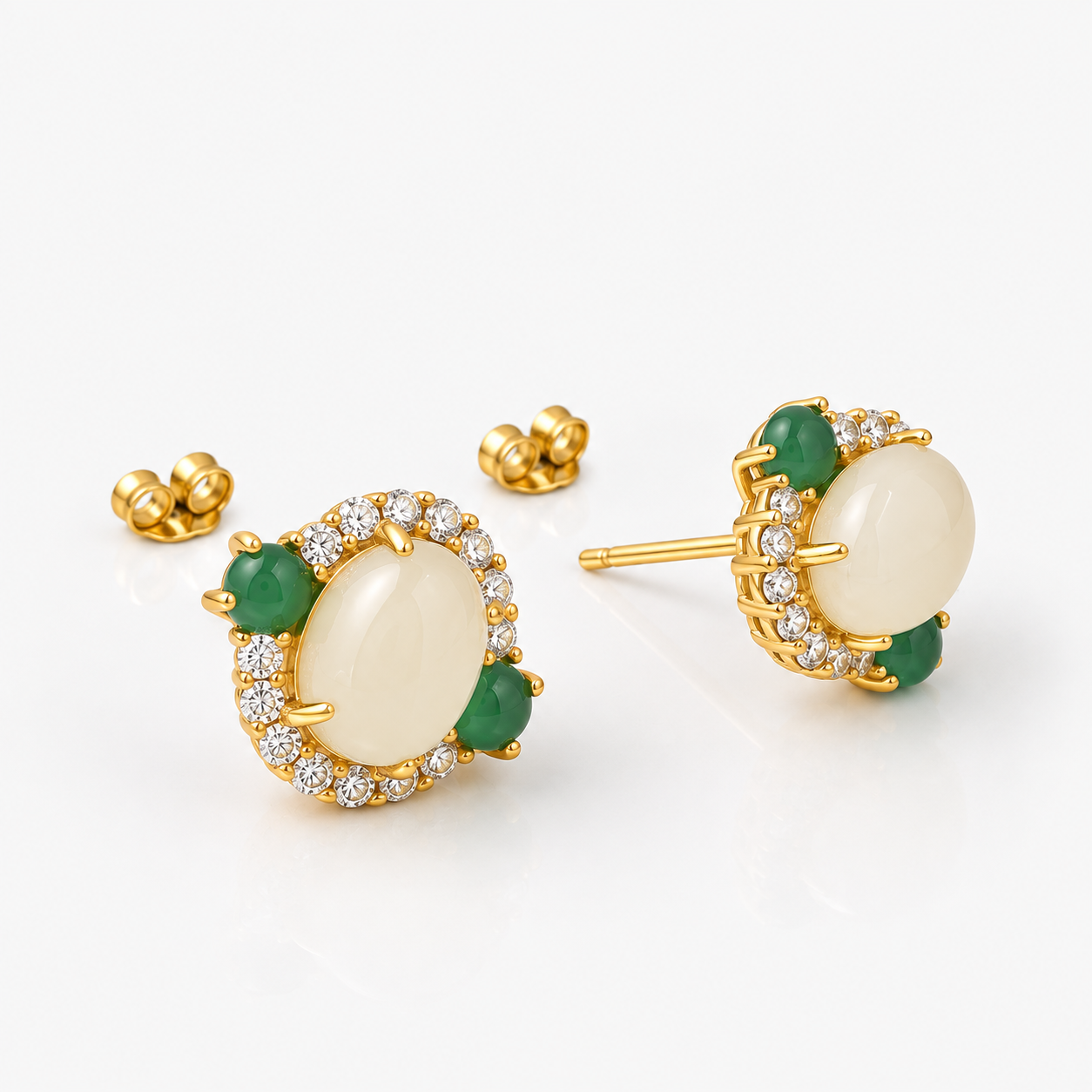 Gold Green Stone Stud Earrings – 925 Sterling Silver – OYA by Gemkara view 4
