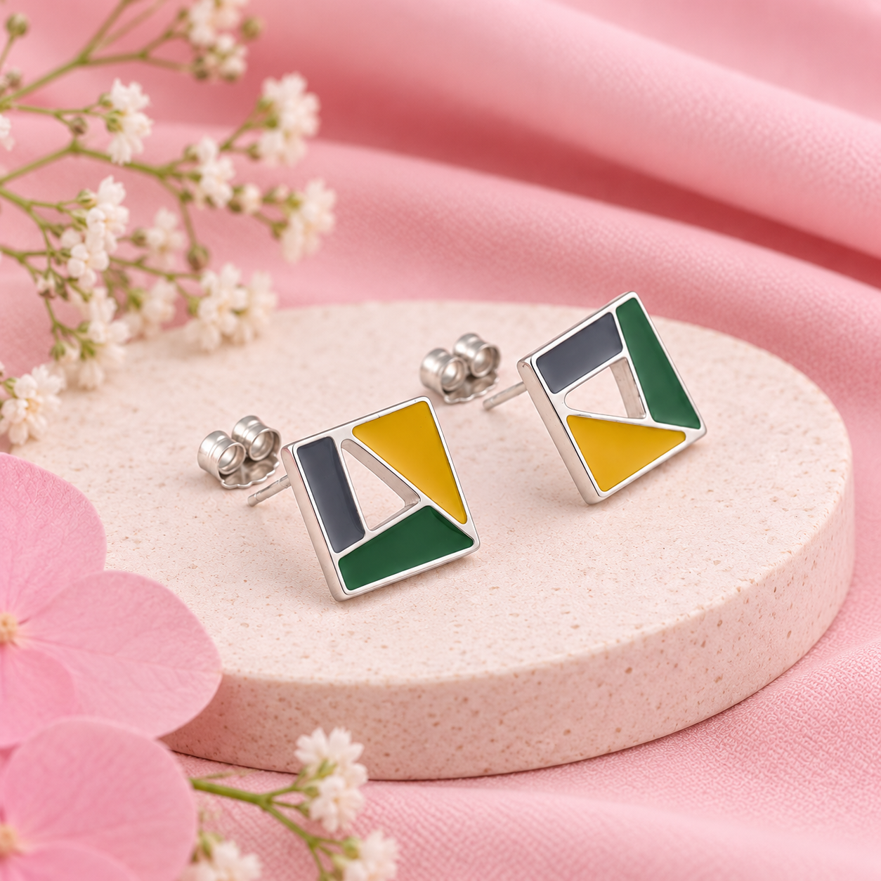 Multicolor Geometric Stud Earrings – 925 Sterling Silver – OYA by Gemkara view 4