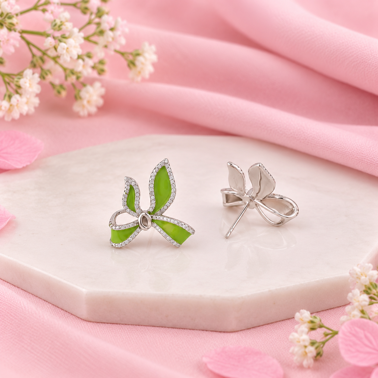 Green Floral Stud Earrings – 925 Sterling Silver – OYA by Gemkara view 3