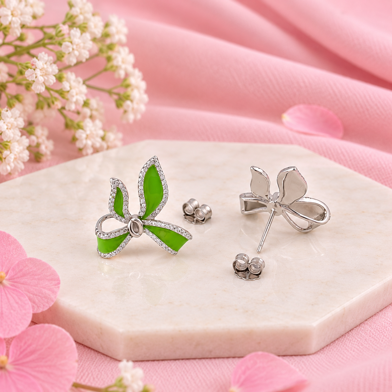 Green Floral Stud Earrings – 925 Sterling Silver – OYA by Gemkara view 4