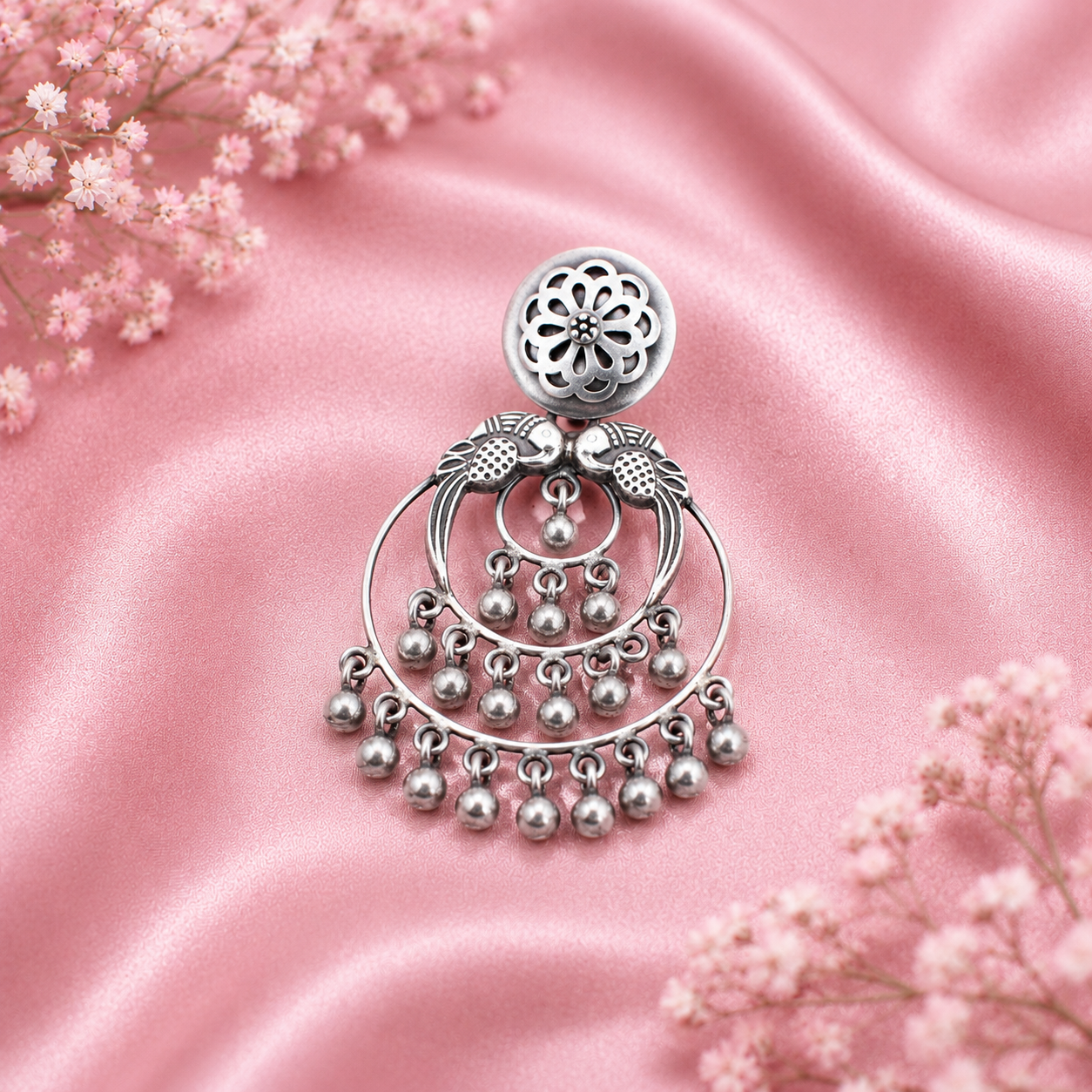 Oxidized Silver Peacock Chandbali – OYA by Gemkara view 4