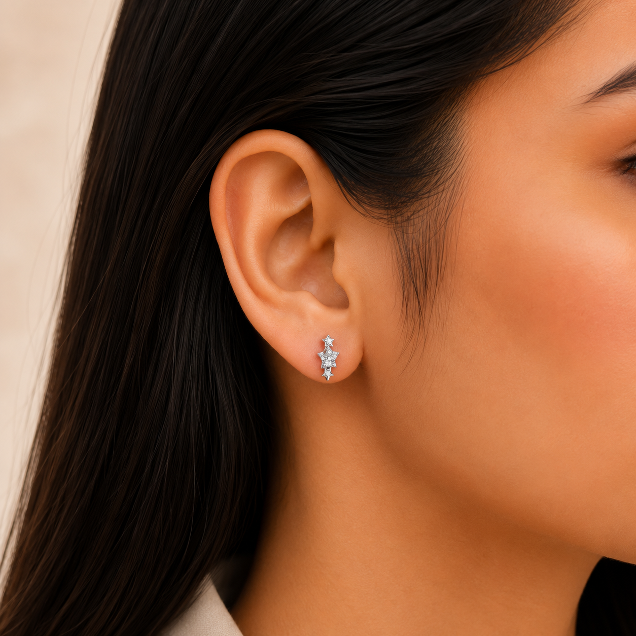 Triple Star Stud Earrings – 925 Sterling Silver – OYA by Gemkara view 2
