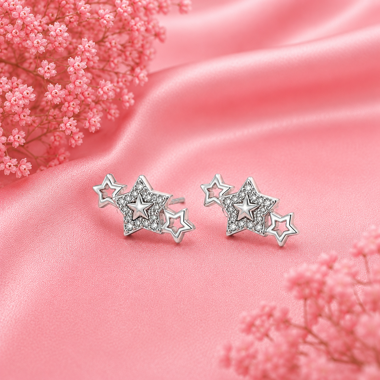 Triple Star Stud Earrings – 925 Sterling Silver – OYA by Gemkara view 3