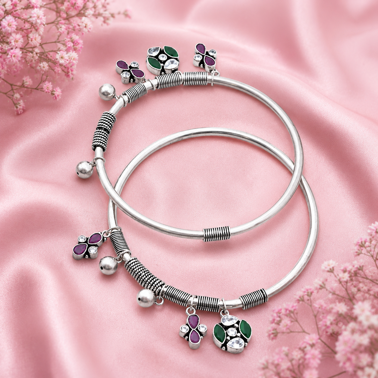 Stone-Studded Charm Kada – 925 Sterling Silver – OYA by Gemkara view 2
