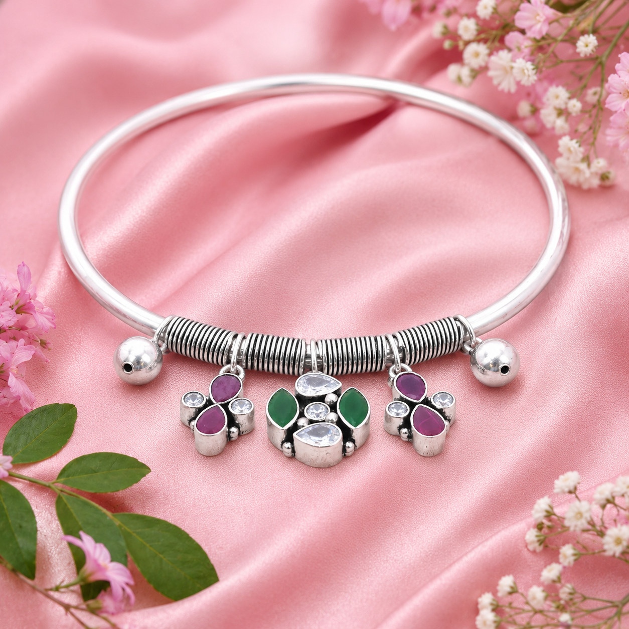 Stone-Studded Charm Kada – 925 Sterling Silver – OYA by Gemkara view 3