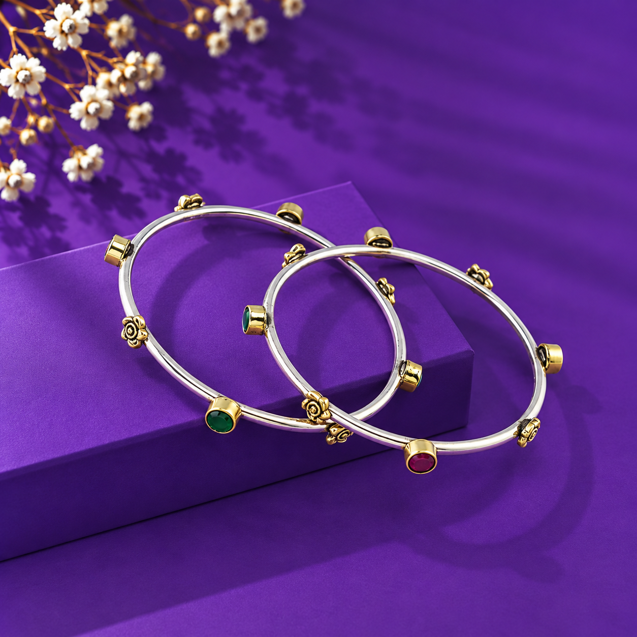 Gold Polish Multicolor Charm Bangle – 925 Sterling Silver – OYA by Gemkara view 3