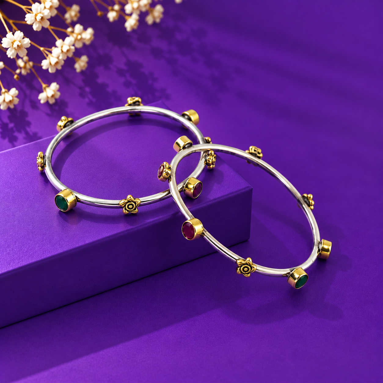 Gold Polish Multicolor Charm Bangle – 925 Sterling Silver – OYA by Gemkara view 4