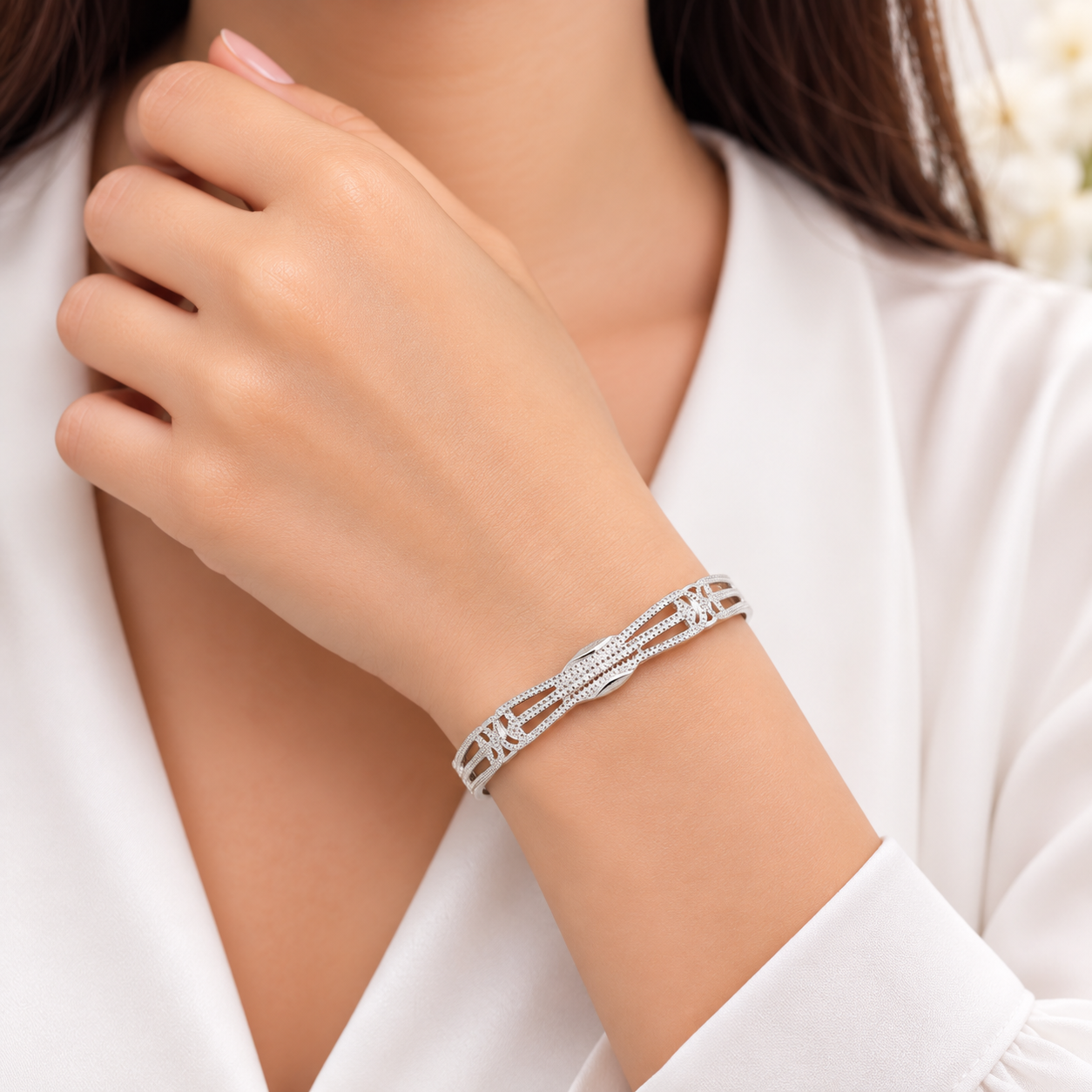 Textured Silver Cuff Bracelet – OYA by Gemkara view 4