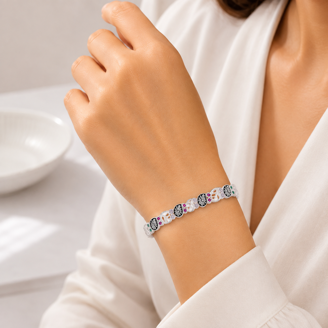 Floral Multicolor Stone Bracelet – 925 Sterling Silver – OYA by Gemkara view 2