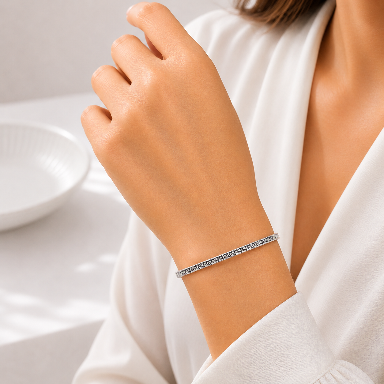 Textured Silver Bangle – OYA by Gemkara view 2