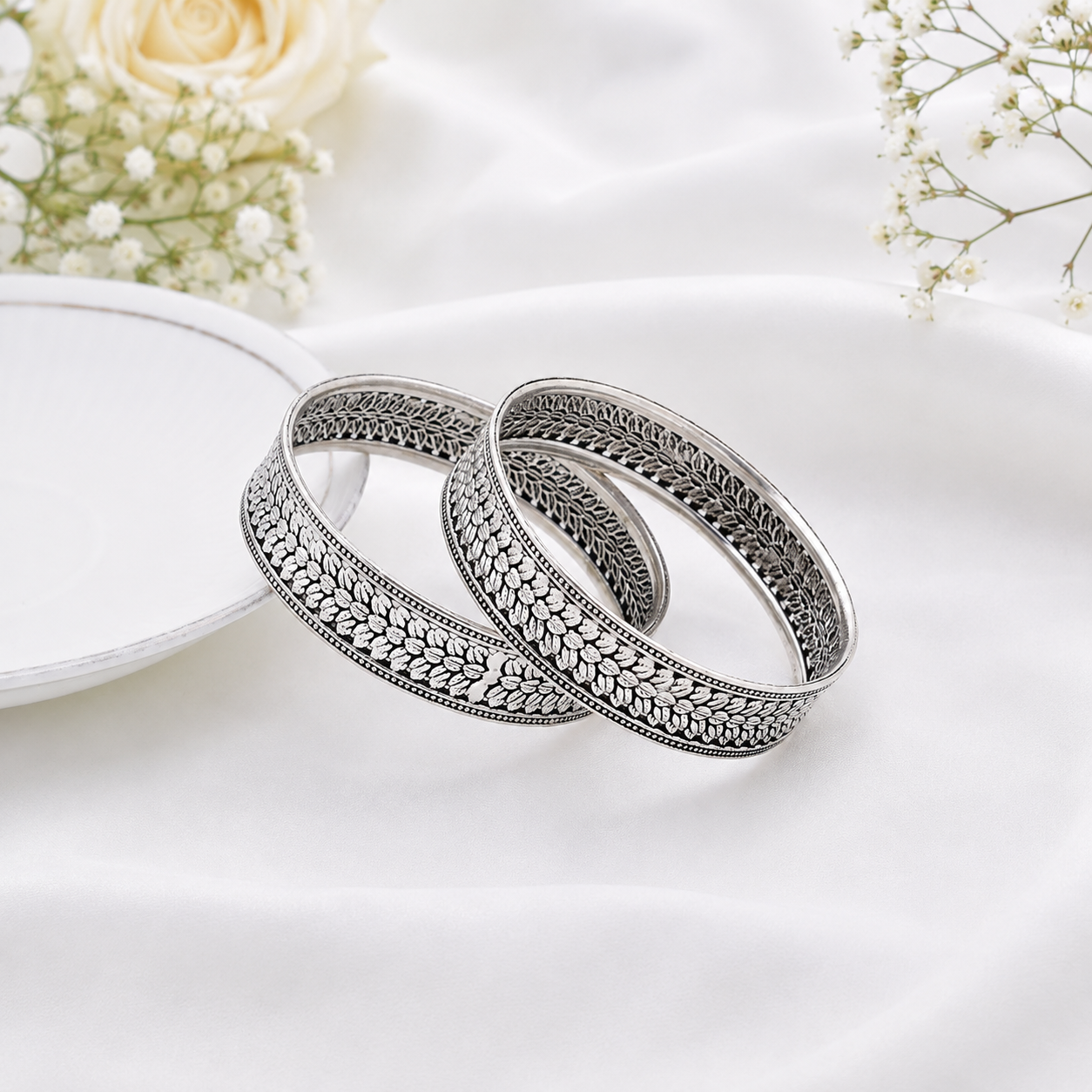 Oxidized Silver Leaf Engraved Bangle – OYA by Gemkara view 3