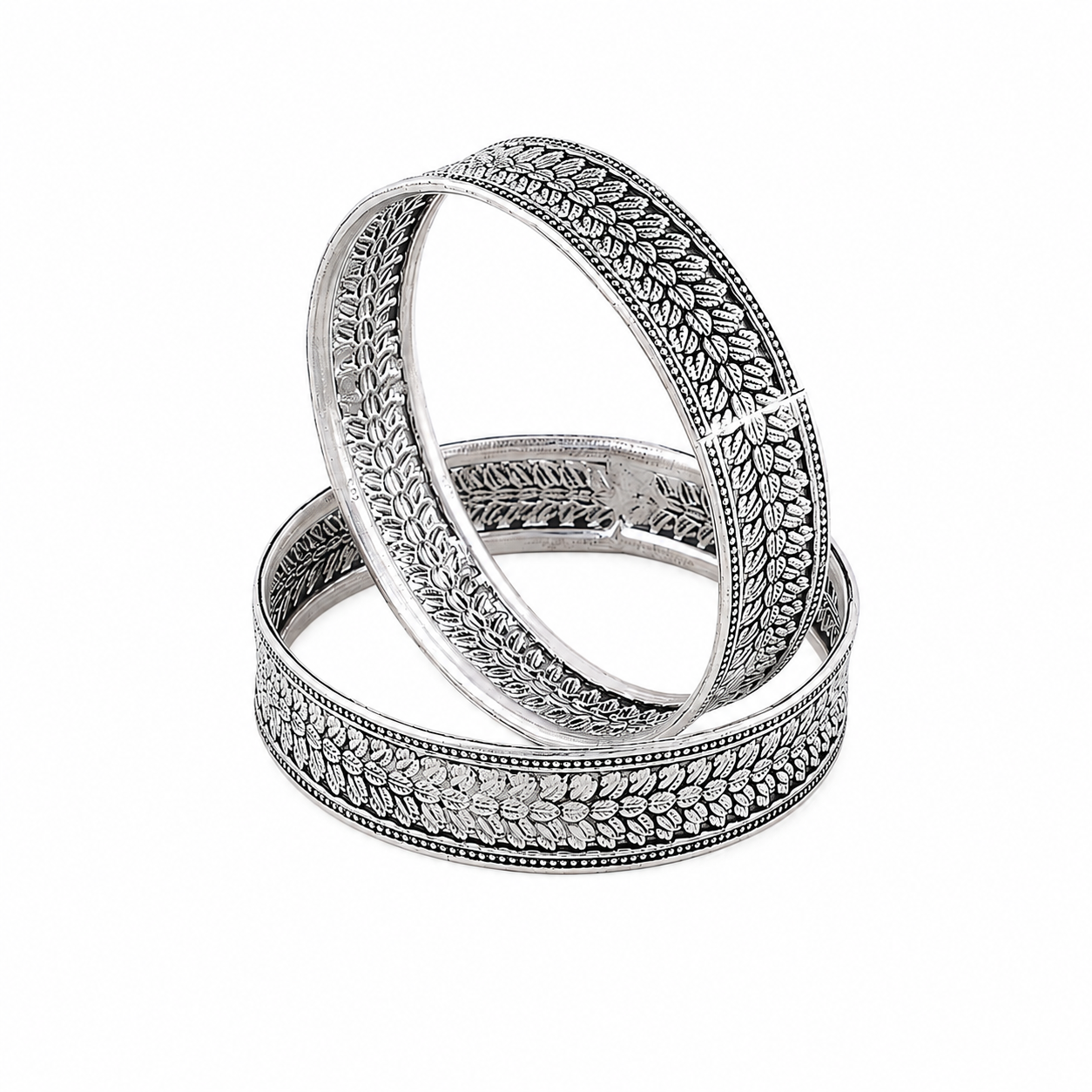 Oxidized Silver Leaf Engraved Bangle