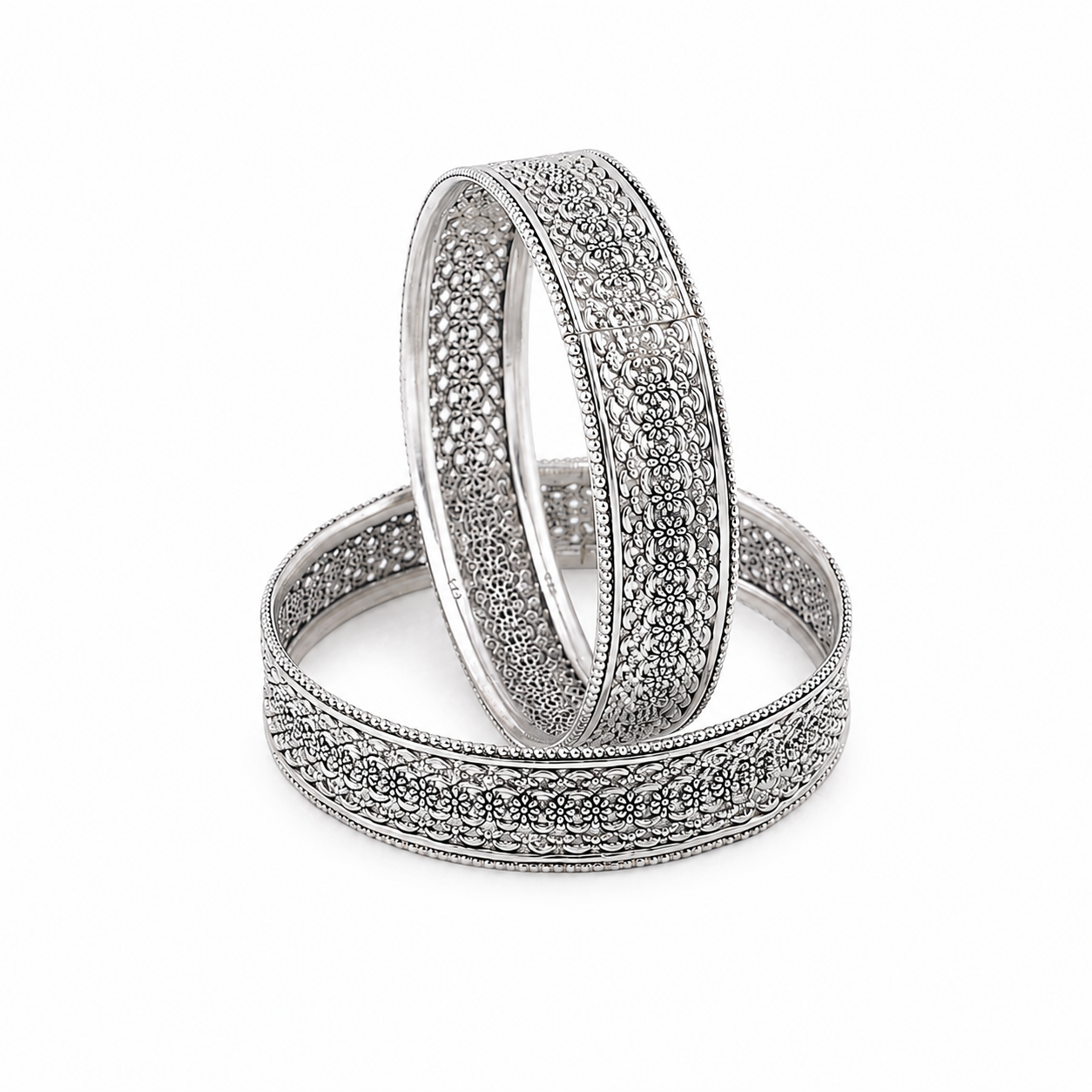 Oxidized Silver Floral Filigree Bangle – OYA by Gemkara view 1
