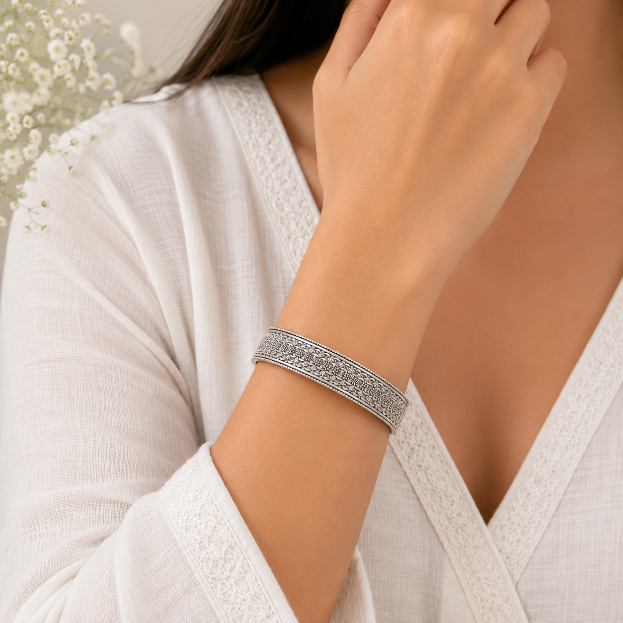 Oxidized Silver Floral Filigree Bangle preview